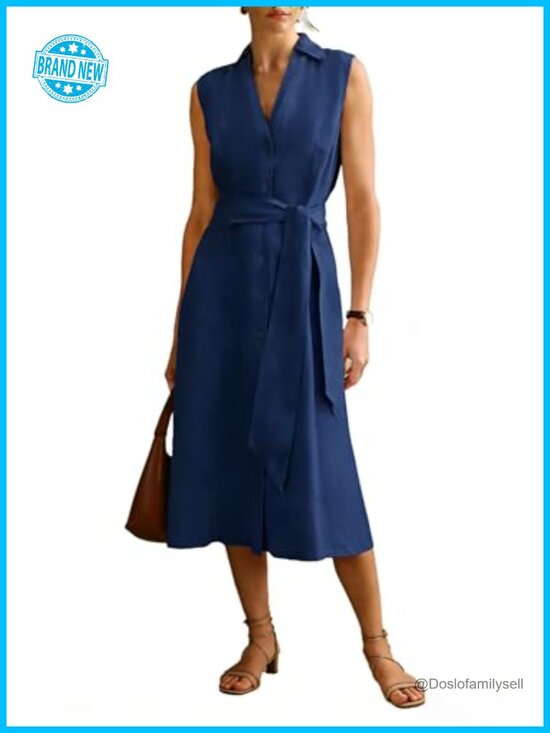 Dresses & Skirts - Linen Cotton Collared Shirt Dress V-Neck Sleeveless Button Down Midi